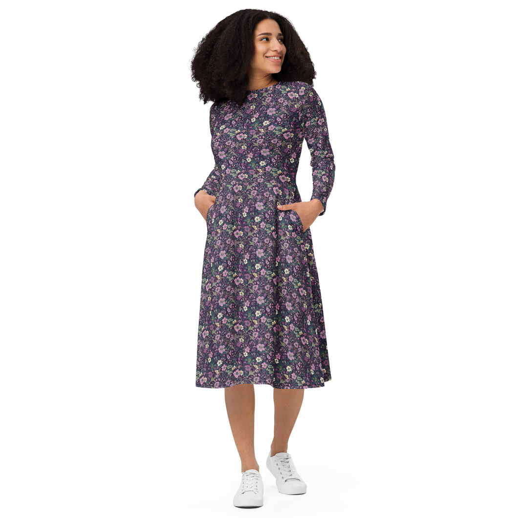 All-over print long sleeve midi dress