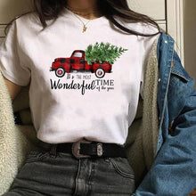 Load image into Gallery viewer, Womens Leopard Bow Cute Printed New Year Merry Christmas T-shirt Female Graphic T Tee Shirt Camisas Mujer Tshirt Women Tops
