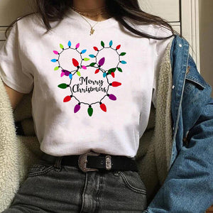 Womens Leopard Bow Cute Printed New Year Merry Christmas T-shirt Female Graphic T Tee Shirt Camisas Mujer Tshirt Women Tops